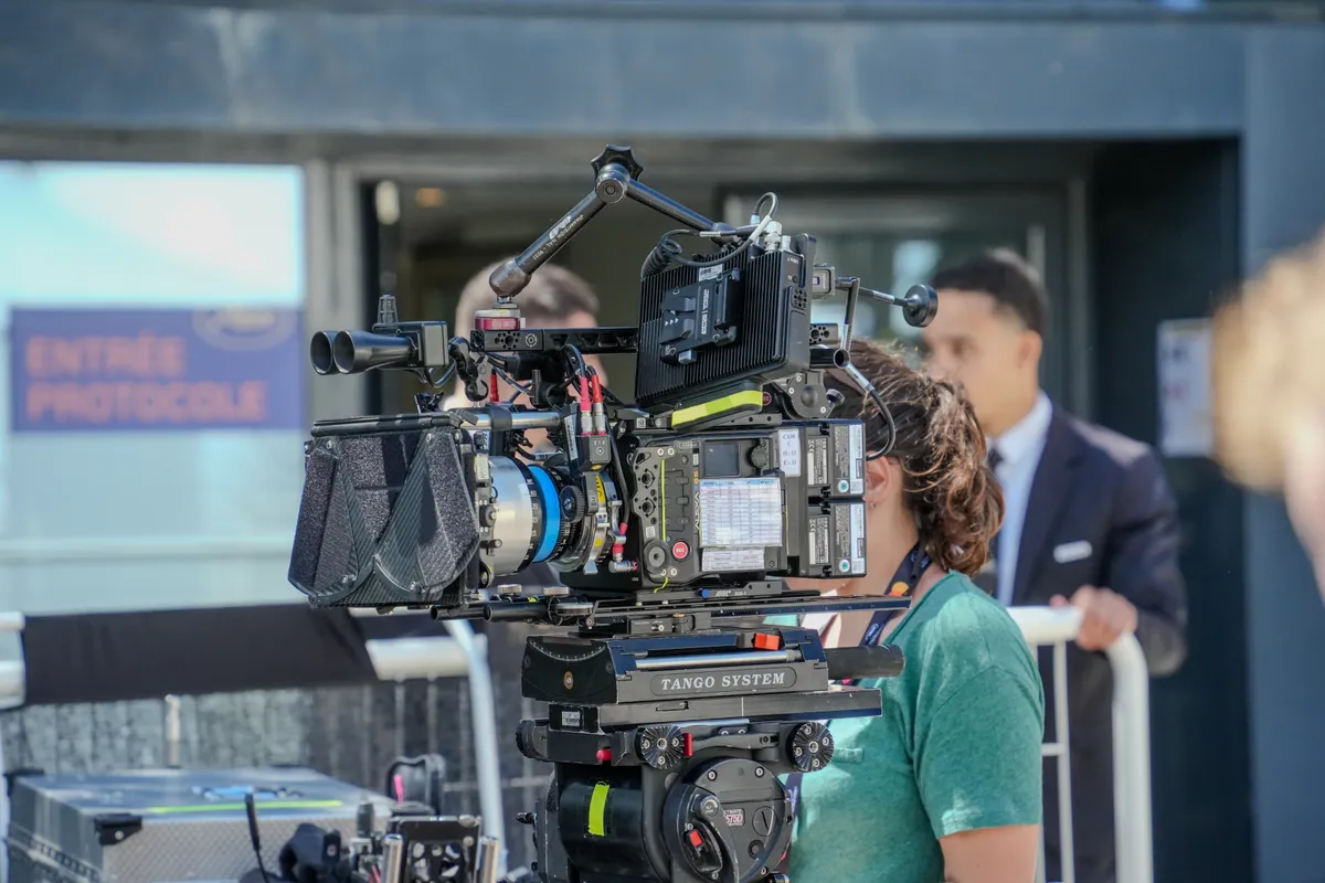 A professional movie camera on a film set.